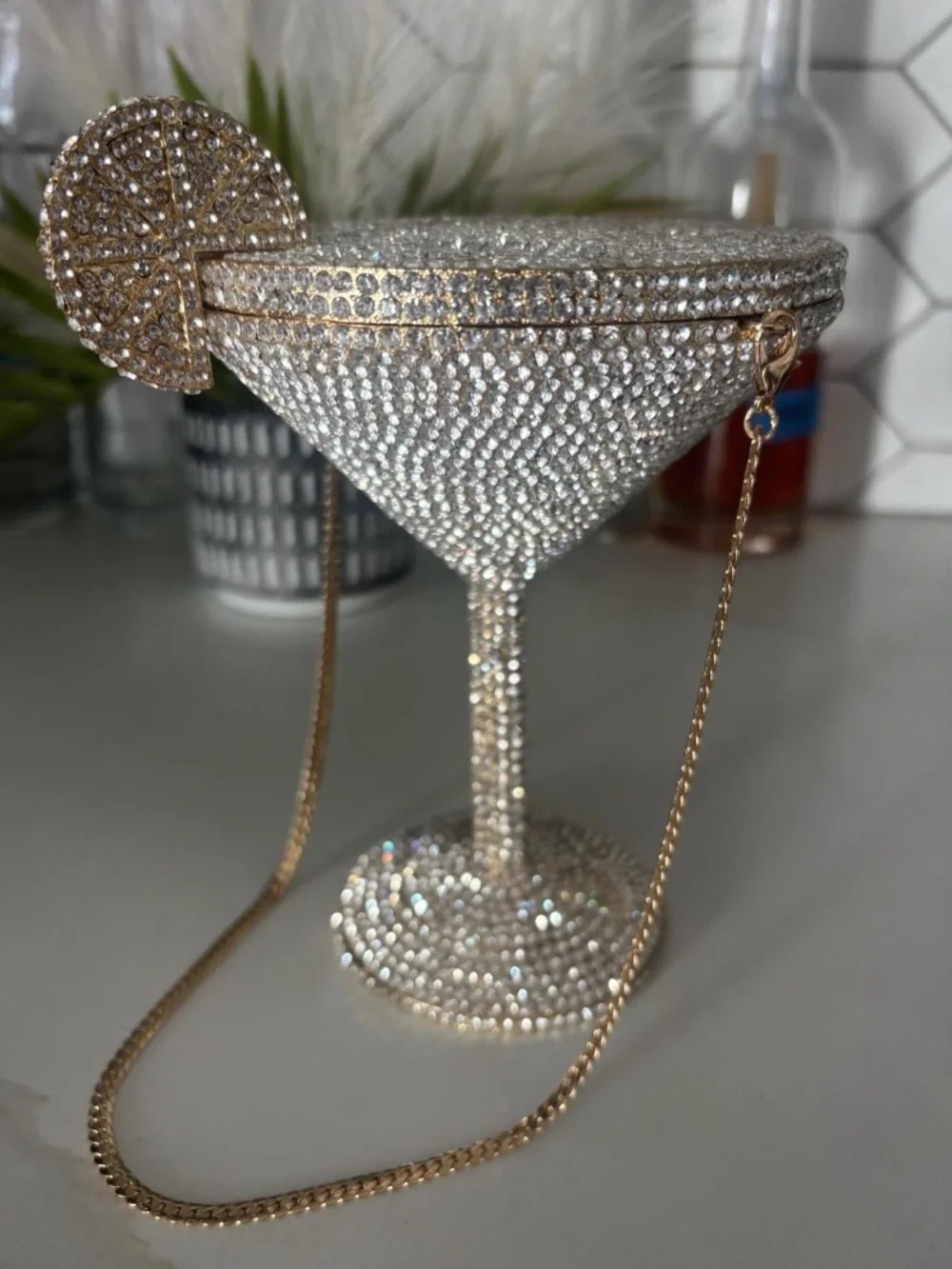 Crystal Martini Clutch Bag with Gold Chain